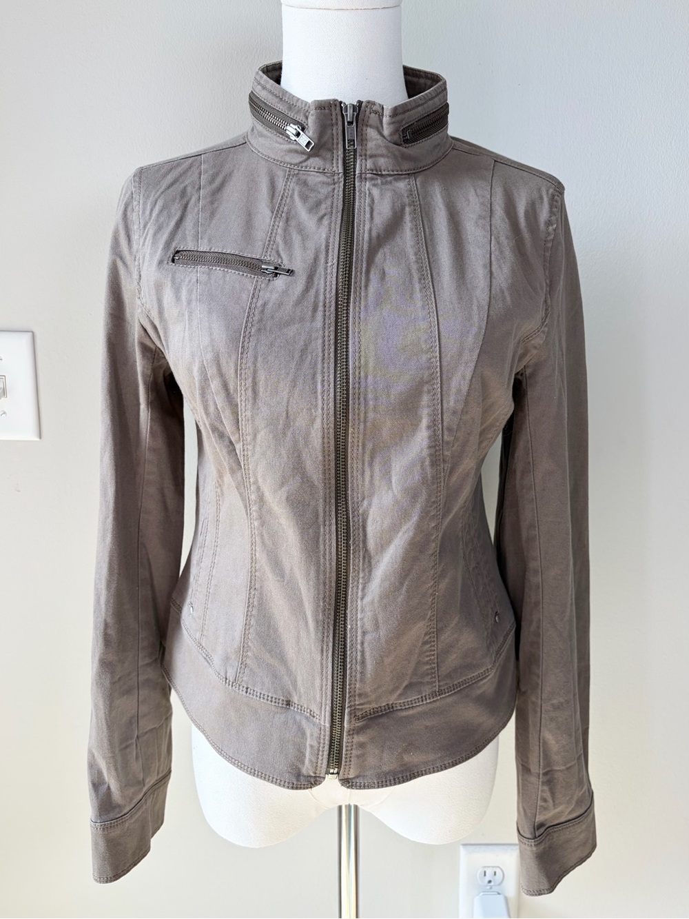 Express Taupe Fitted Moto Utility Zip Up Jacket Y2K-Style Stretch